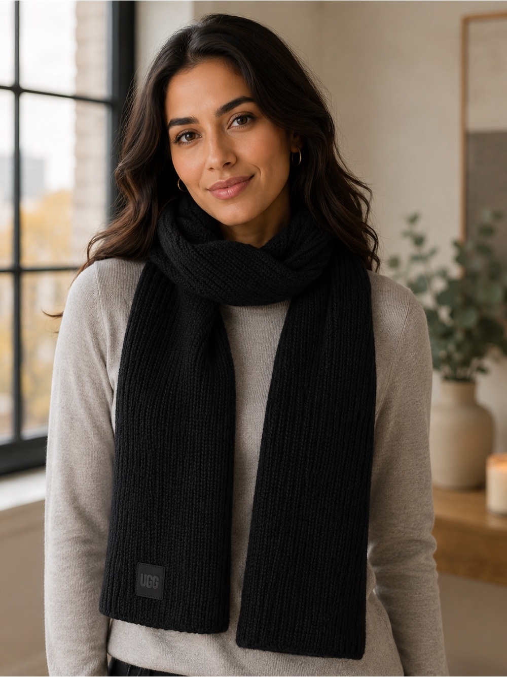 UGG NWT Black Knit Scarf Ribbed Logo Patch Unisex Winter Warm